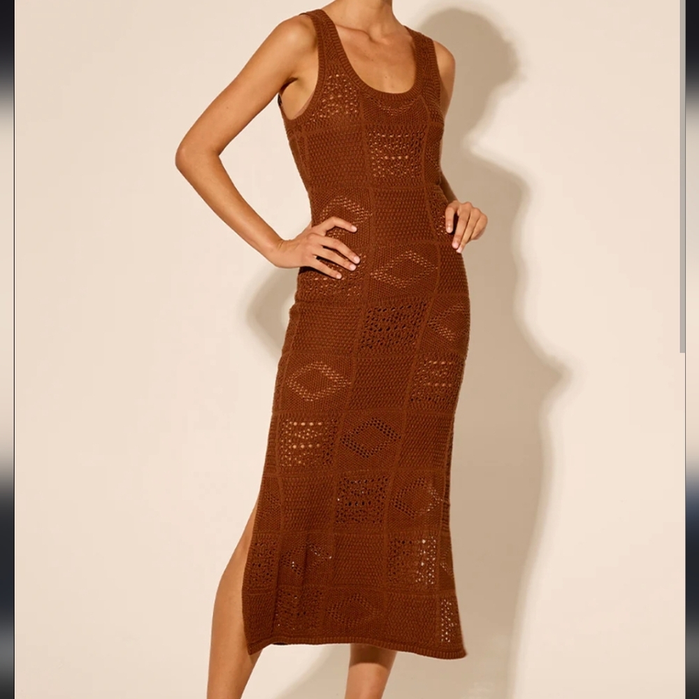Kivari Clementine Knit Crochet Midi Dress With Side Slits Brown Size 4 NWOT
